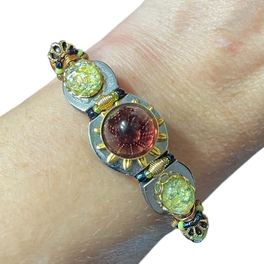’08 Liztech Purple & Green Foil Glass Gold-Tone Brass Wire-Wrapped Cuff